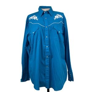 Ely Diamond Mens Turquoise Blue Floral Embroidered Pearl Snap Western Shirt L
